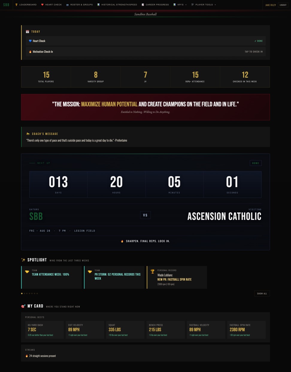 MHP portal screenshot: player dashboard